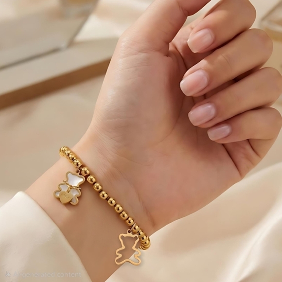 Whimsical 18K Gold Plated Stainless Steel Bear Charm Beaded Dainty Bracelet - Picture 3 of 13